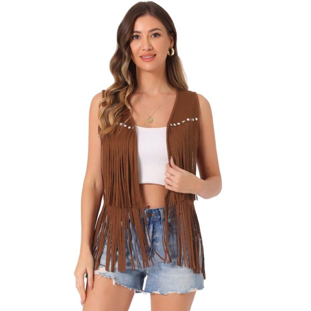 Women's 70s Western Open Front Faux Suede Fringe Vest Small Dark Khaki